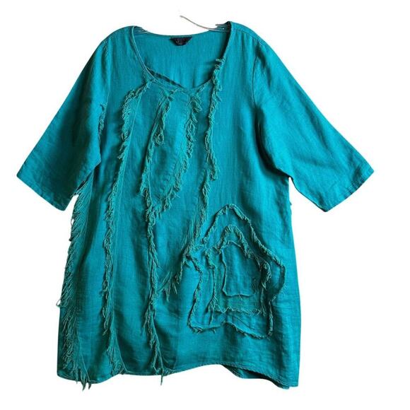 Pecock Ways Artisan 100% Linen Teal Lagenlook Tunic Top Dress Sz L Art To Wear - Picture 5 of 16